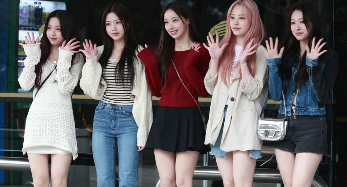 The five members of RESCENE arriving at Music Bank in March 2024, the month of their debut